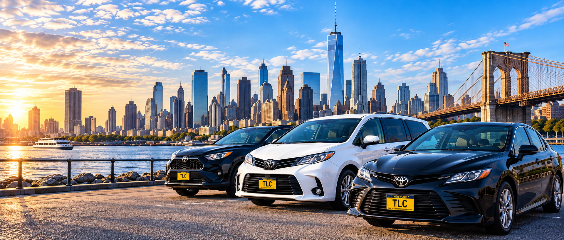 TLC vehicles in front of the NYC skyline